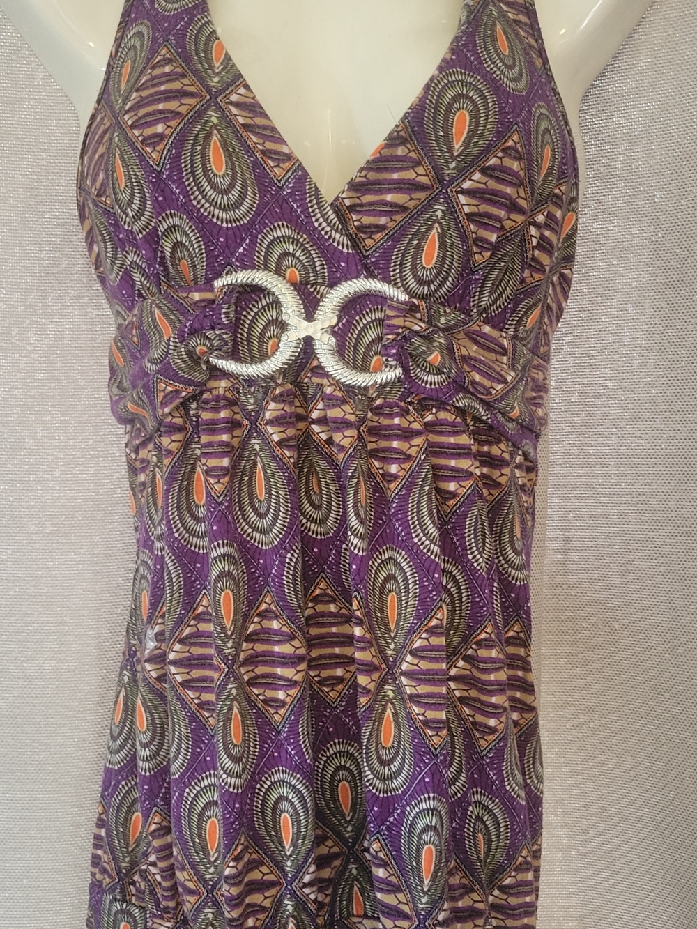 Purple Printed Halter Tank Top with Embellished Waist